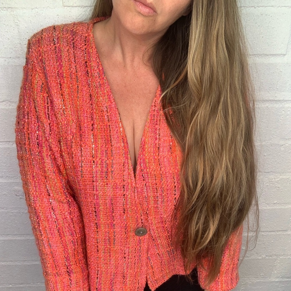 Chico's Wool Blend Tweed Gold Button Coral Blazer Jacket size 2 / 12/14